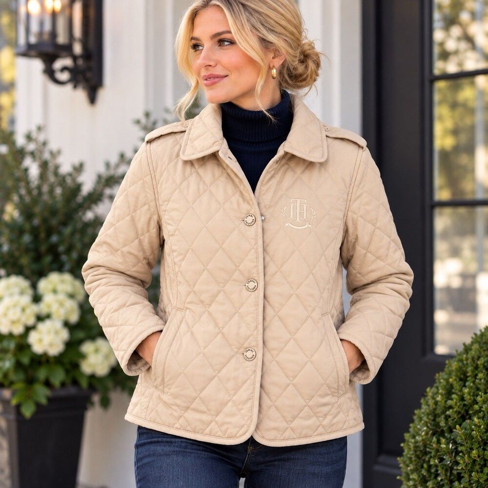 Tommy Hilfiger Women's Beige Diamond Quilted Button-Down Barn Jacket with Crest